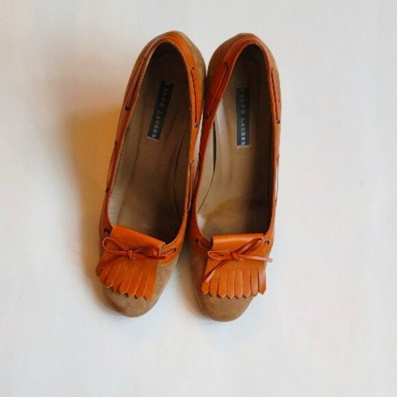 RALPH LAUREN  CAMEL SUEDE PUMPS SIZE 38 1/2 - Picture 1 of 8